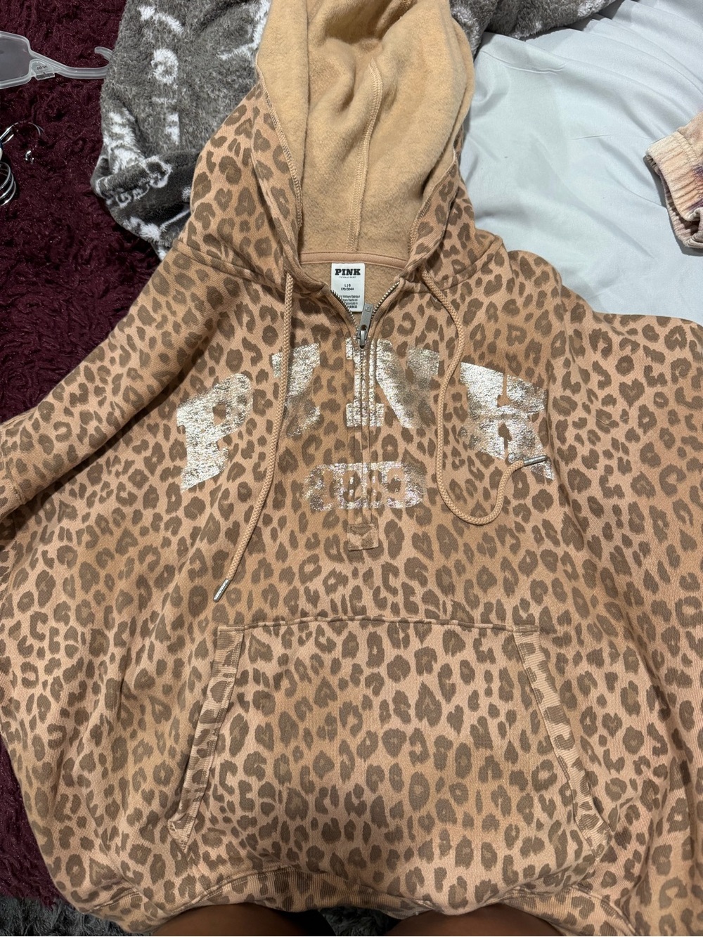 PINK Victoria's Secret Shimmer Leopard Half-Zip Hoodie in Tan